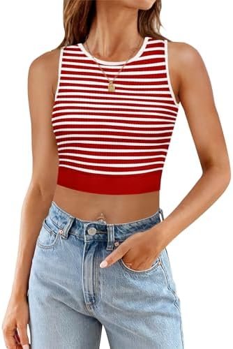 Women's Ribbed Knit Crop Tank Tops Summer Y2K Striped Sleeveless Shirts