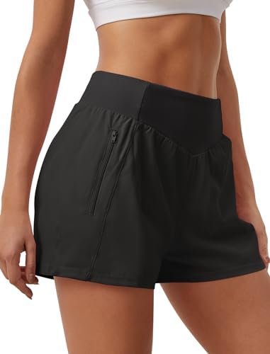 Womens Shorts High Waisted Running Shorts Quick Dry Athletic Workout Shorts with Liner Zipper Pockets