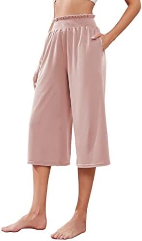 Wide Leg Capri Yoga Pants for Women Loose Summer Ruffles High Rise Cropped Bottom with Pockets