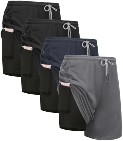 1/4 Pack Mens 2 in 1 Running Workout Shorts with Liner,Gym Athletic Quick Dry Sport Shorts with Pockets