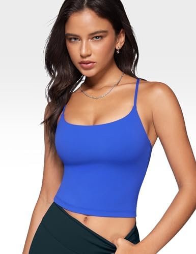 Womens Low scoop neck Tank Tops Built in Bra U back Workout Tanks Spaghetti Criss Cross Strap Sleeveless Cropped Top