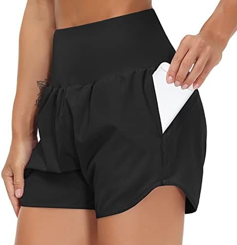 Women's High Waist Running Shorts with Liner Athletic Hiking Workout Shorts Zip Pockets