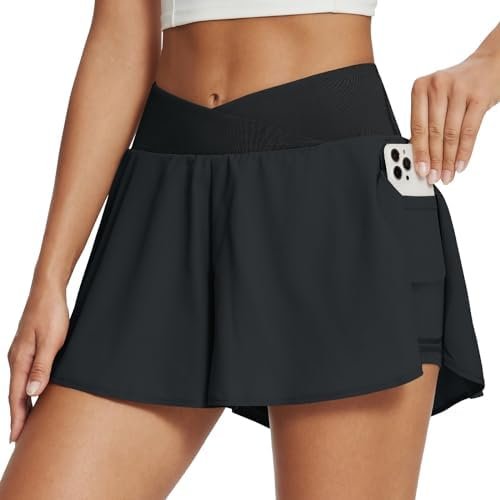 Women's 2 in 1 Athletic Shorts Crossover Flowy Running Shorts with Pockets High Waisted Summer Tennis Yoga