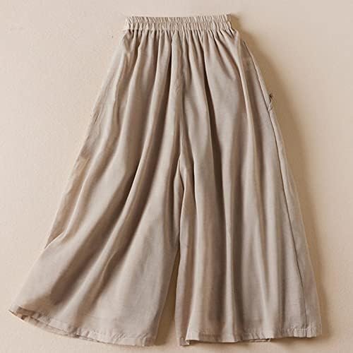 Women Chinese Frog Button Trim Cotton Linen Palazzo Trousers Summer Fashion Casual Elastic High Waist Wide Leg Pants