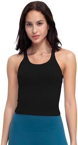 Seamless Ribbed Workout Racerback Tank Tops with Built in Bra for Women